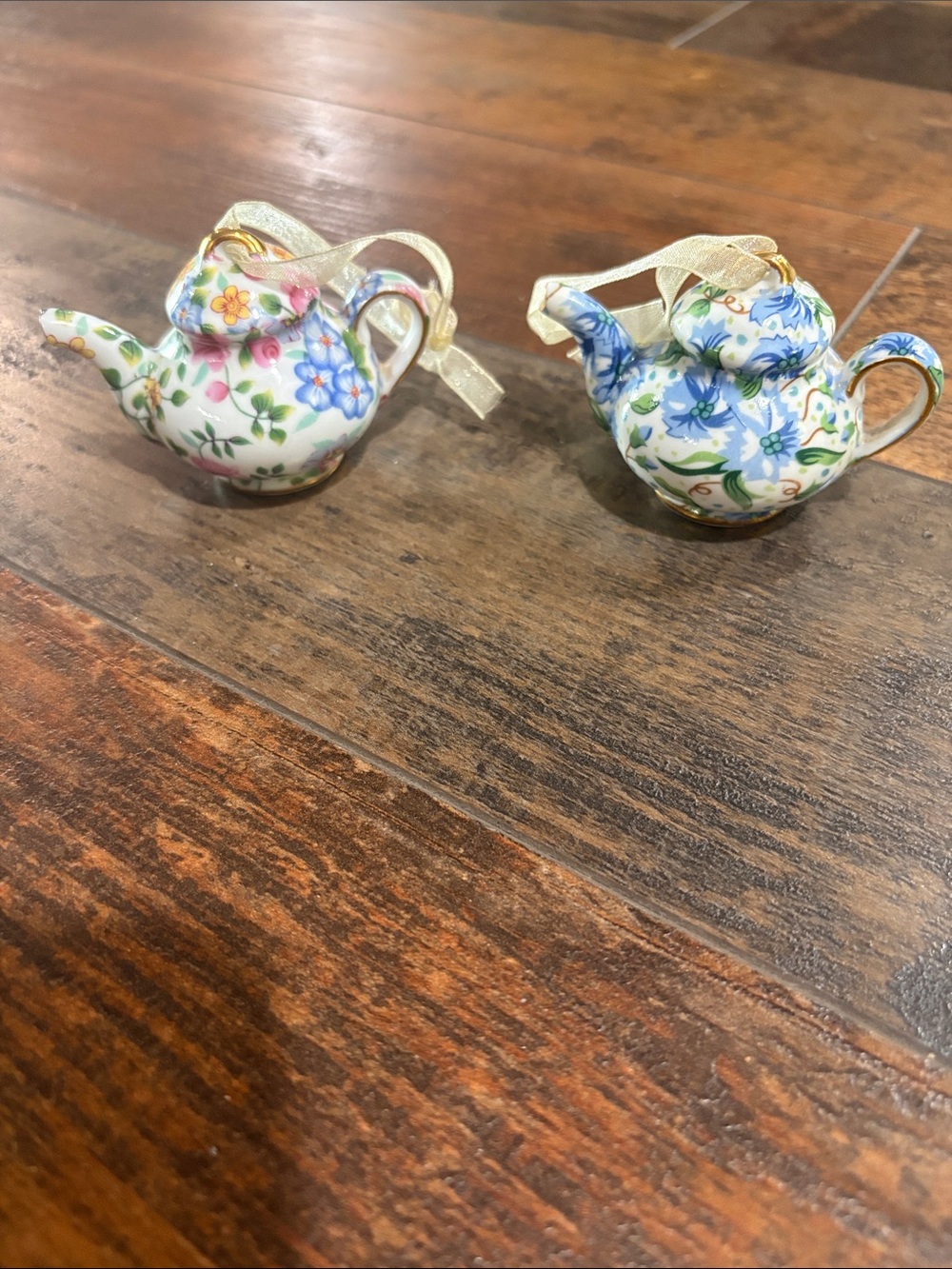 Vintage Chintz Pair of Floral Porcelain Teapot Ornaments - Blue & Pink Flowers